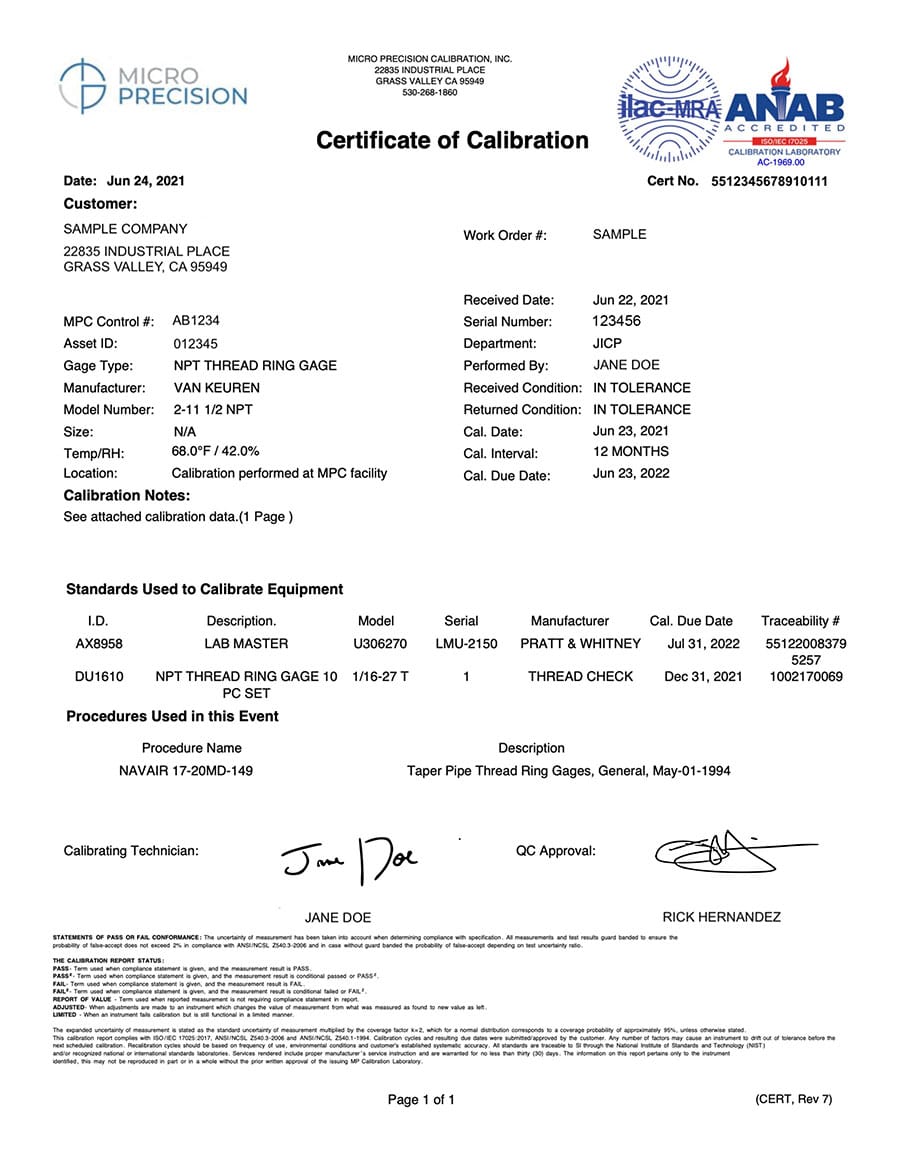 Sample certificate of calibration download